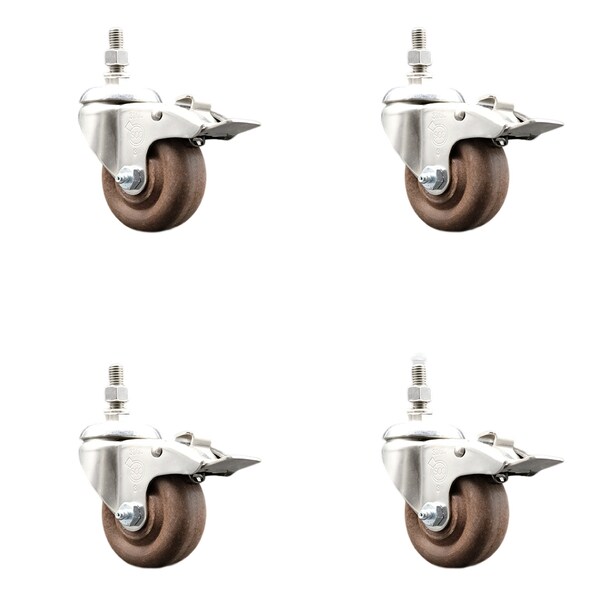 Service Caster 3 Inch 316SS High Temp Glass Filled Nylon 3/8 Inch Stem Caster Set Lock Brake SCC-SS316TSTTL20S314-GFNSHT-381615-4 - main